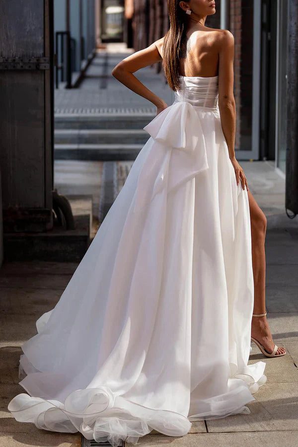 Luolandi A line strapless hall casual wedding dress with pleated and split Bohemian bride dress Sexy